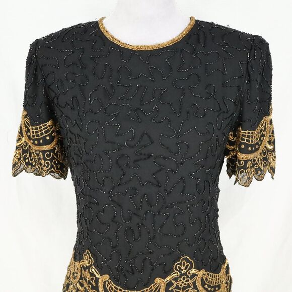 Brillante by JA Dress Womens Large Black Sequin Gold Trim Chiffon Formal Vintage - Picture 7 of 16